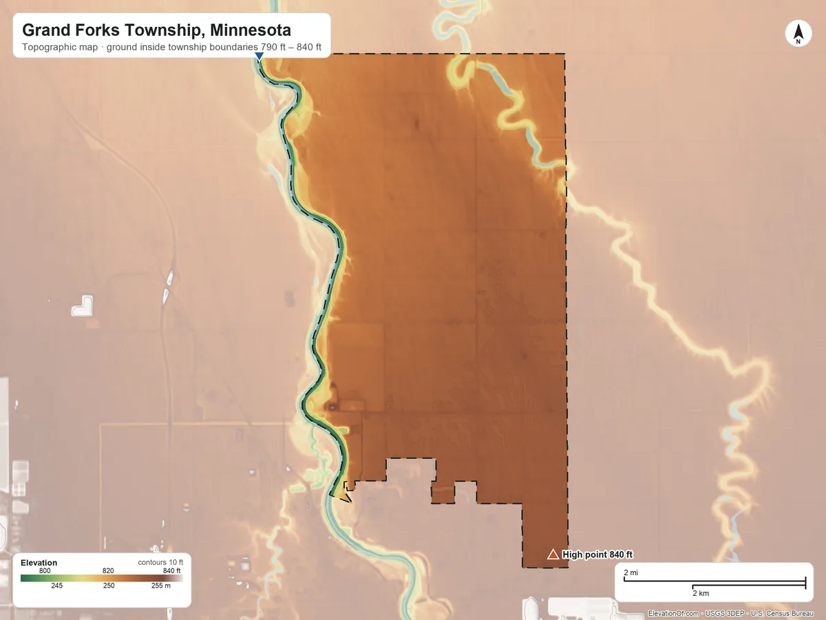 Topographic elevation map of Grand Forks Township, Minnesota, shaded from 790 ft on the northwest side to 840 ft on the southeast side