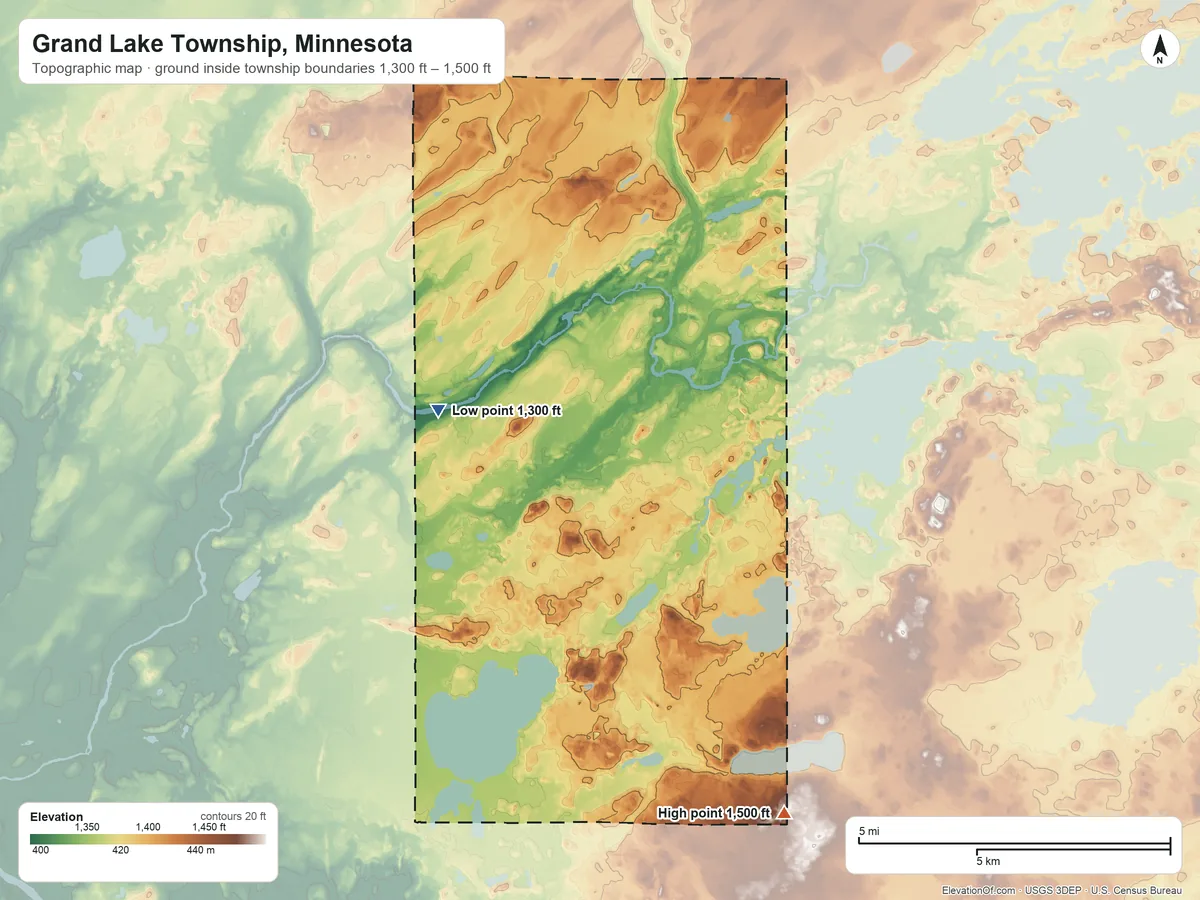 Topographic elevation map of Grand Lake Township, Minnesota, shaded from 1,300 ft on the northwest side to 1,500 ft on the southeast side