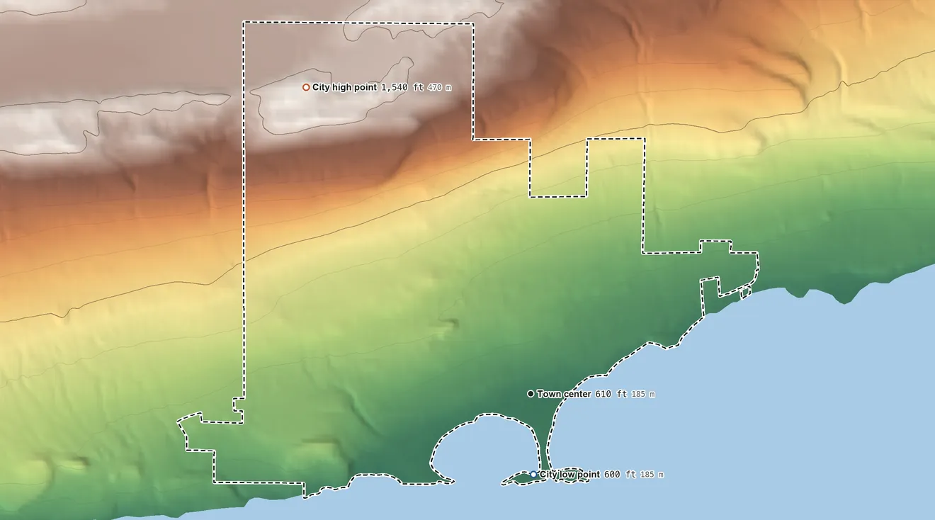 Topographic elevation map of Grand Marais, Minnesota, shaded from 600 ft on the south side to 1,540 ft on the northwest side