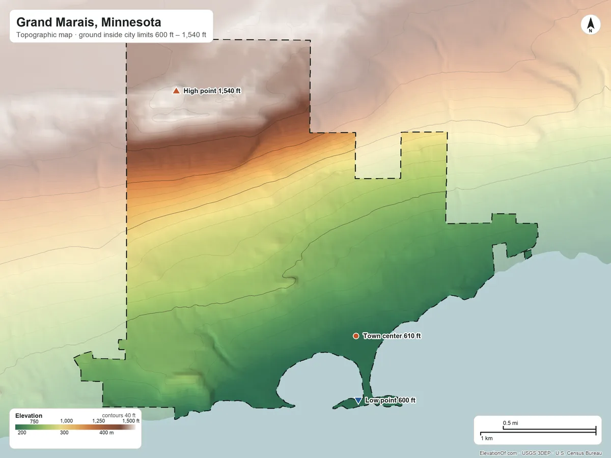 Topographic elevation map of Grand Marais, Minnesota, shaded from 600 ft on the south side to 1,540 ft on the northwest side