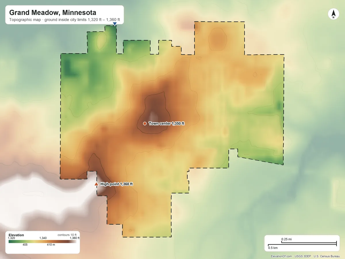 Topographic elevation map of Grand Meadow, Minnesota, shaded from 1,320 ft on the north side to 1,360 ft on the southwest side