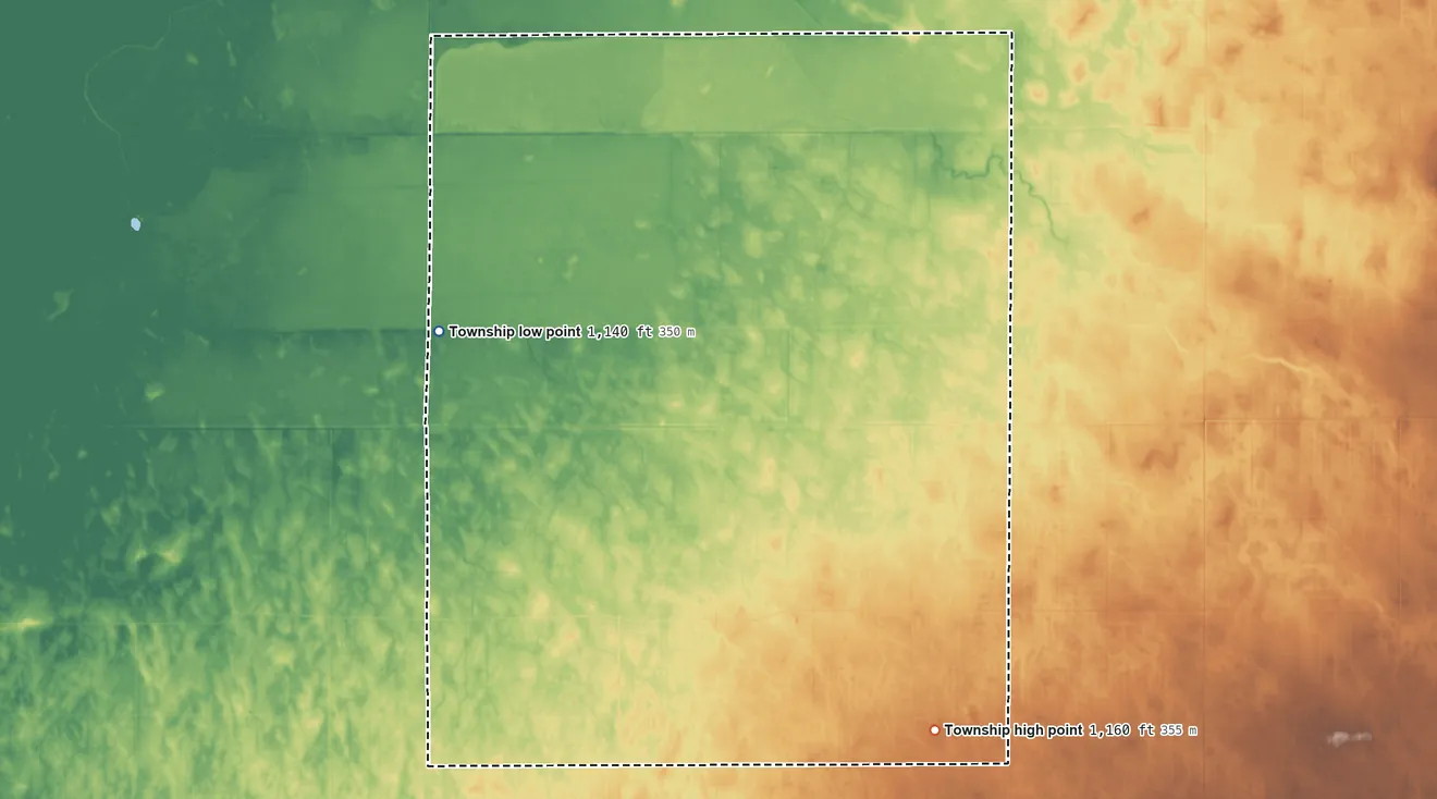 Topographic elevation map of Grand Plain Township, Minnesota, shaded from 1,140 ft on the northwest side to 1,160 ft on the southeast side
