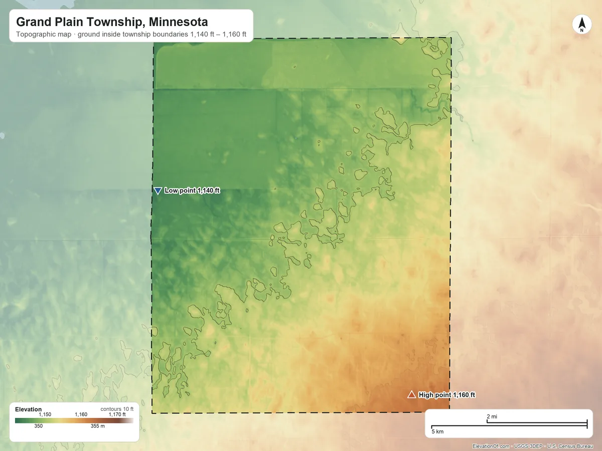 Topographic elevation map of Grand Plain Township, Minnesota, shaded from 1,140 ft on the northwest side to 1,160 ft on the southeast side