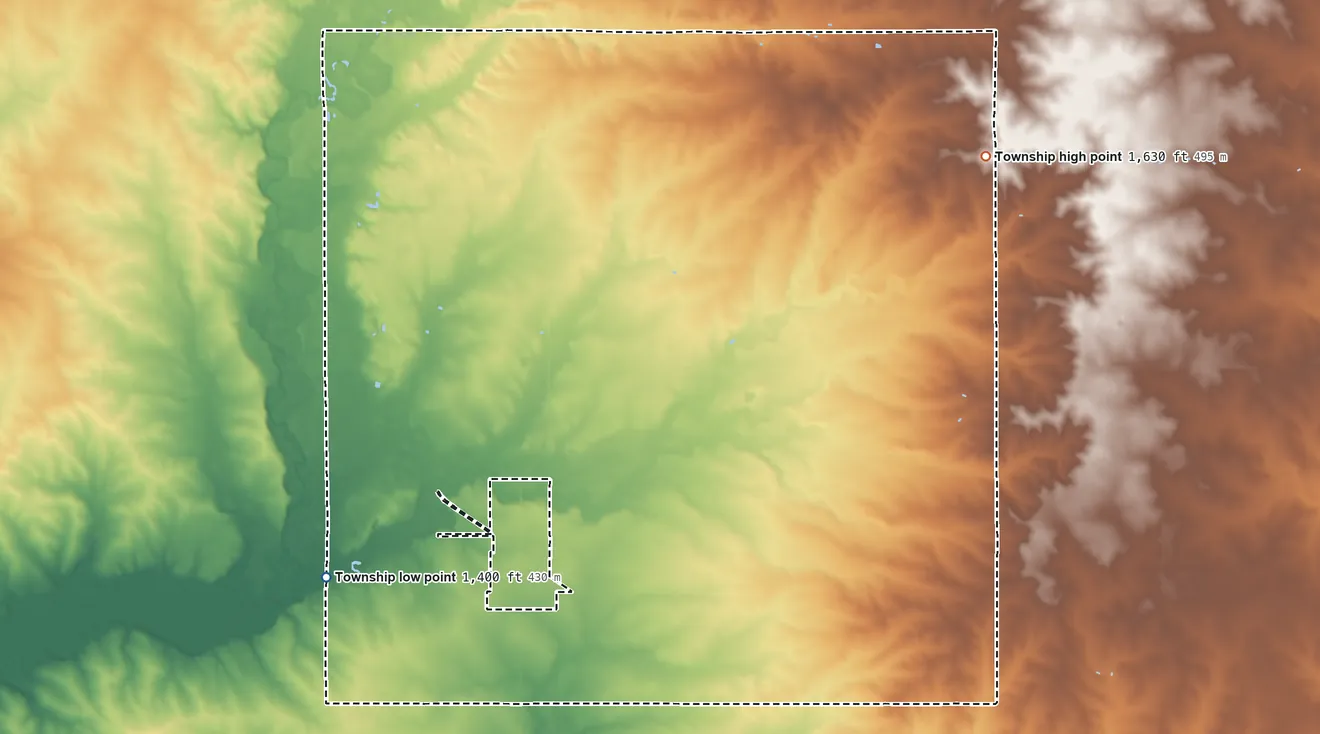 Topographic elevation map of Grand Prairie Township, Minnesota, shaded from 1,400 ft on the southwest side to 1,630 ft on the northeast side