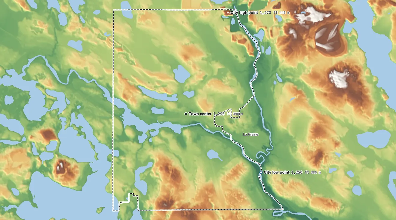Topographic elevation map of Grand Rapids, Minnesota, shaded from 1,250 ft on the southeast side to 1,470 ft on the north side