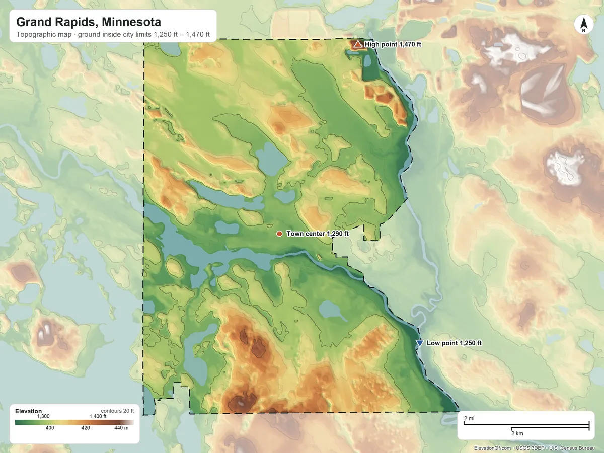 Topographic elevation map of Grand Rapids, Minnesota, shaded from 1,250 ft on the southeast side to 1,470 ft on the north side