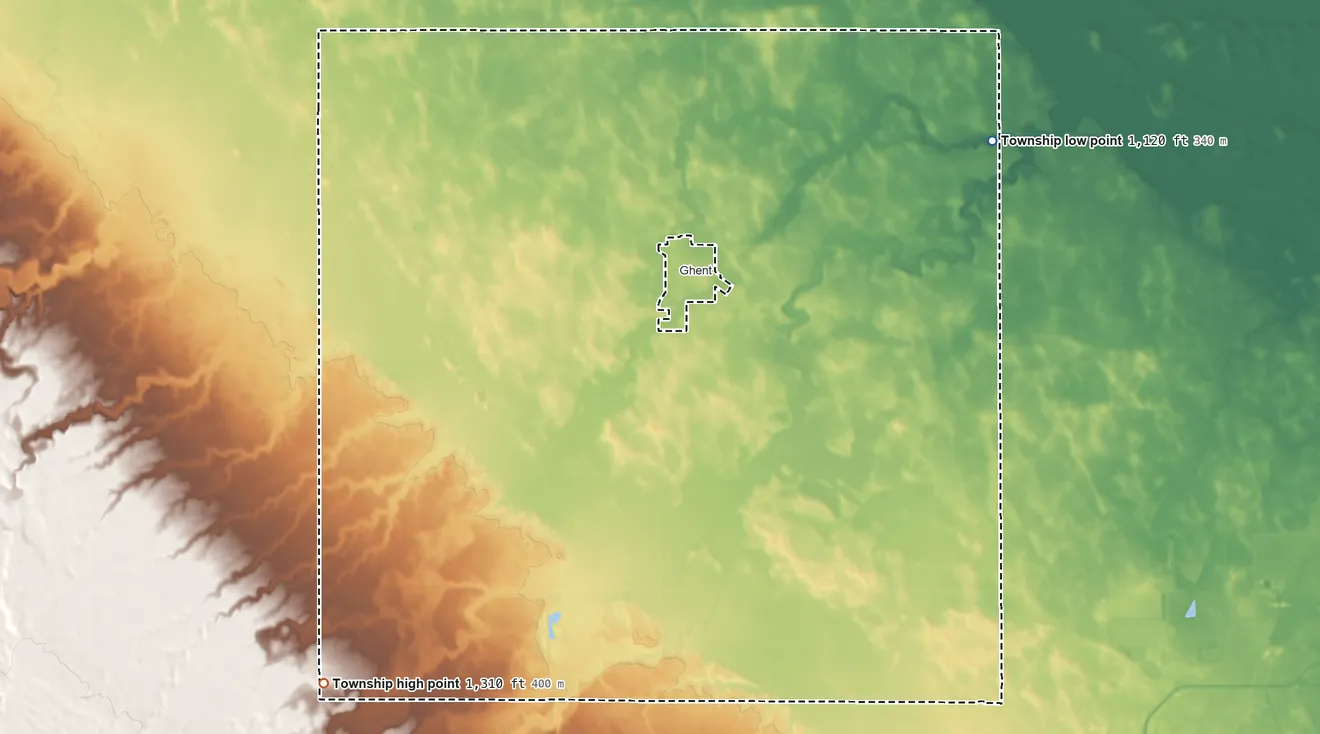 Topographic elevation map of Grandview Township, Minnesota, shaded from 1,120 ft on the northeast side to 1,310 ft on the southwest side