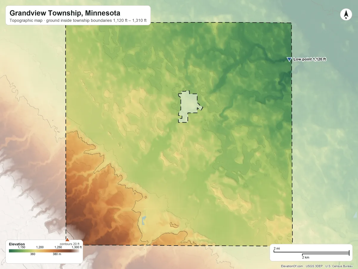 Topographic elevation map of Grandview Township, Minnesota, shaded from 1,120 ft on the northeast side to 1,310 ft on the southwest side