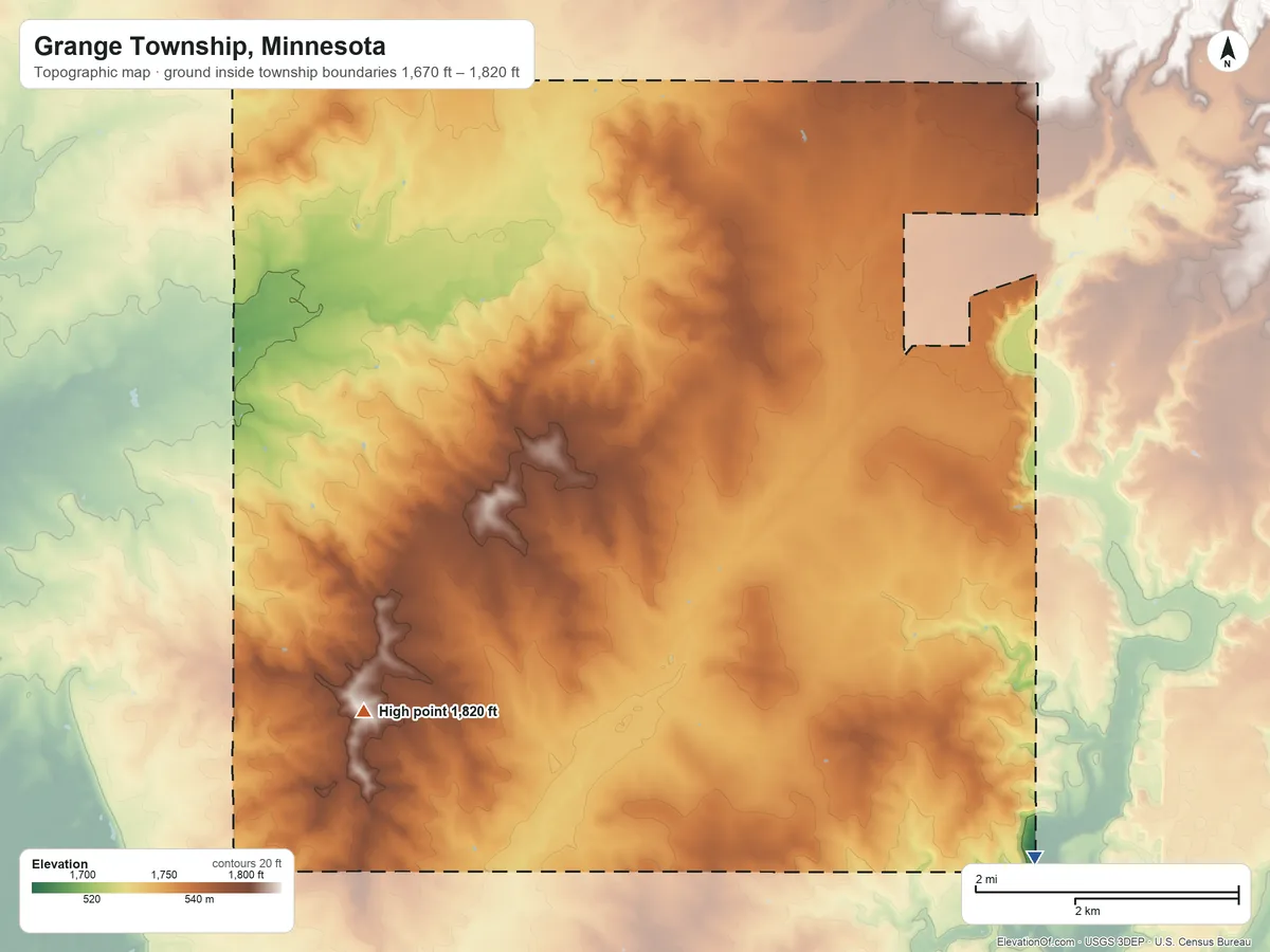 Topographic elevation map of Grange Township, Minnesota, shaded from 1,670 ft on the southeast side to 1,820 ft on the southwest side