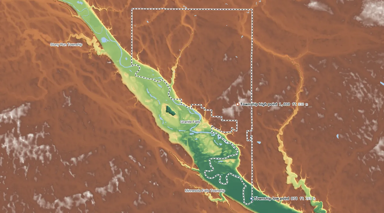 Topographic elevation map of Granite Falls Township, Minnesota, shaded from 870 ft on the south side to 1,080 ft on the southeast side