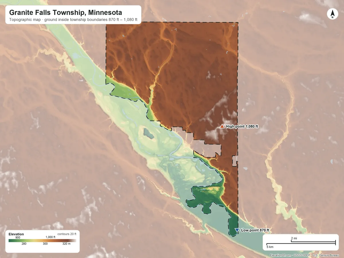 Topographic elevation map of Granite Falls Township, Minnesota, shaded from 870 ft on the south side to 1,080 ft on the southeast side