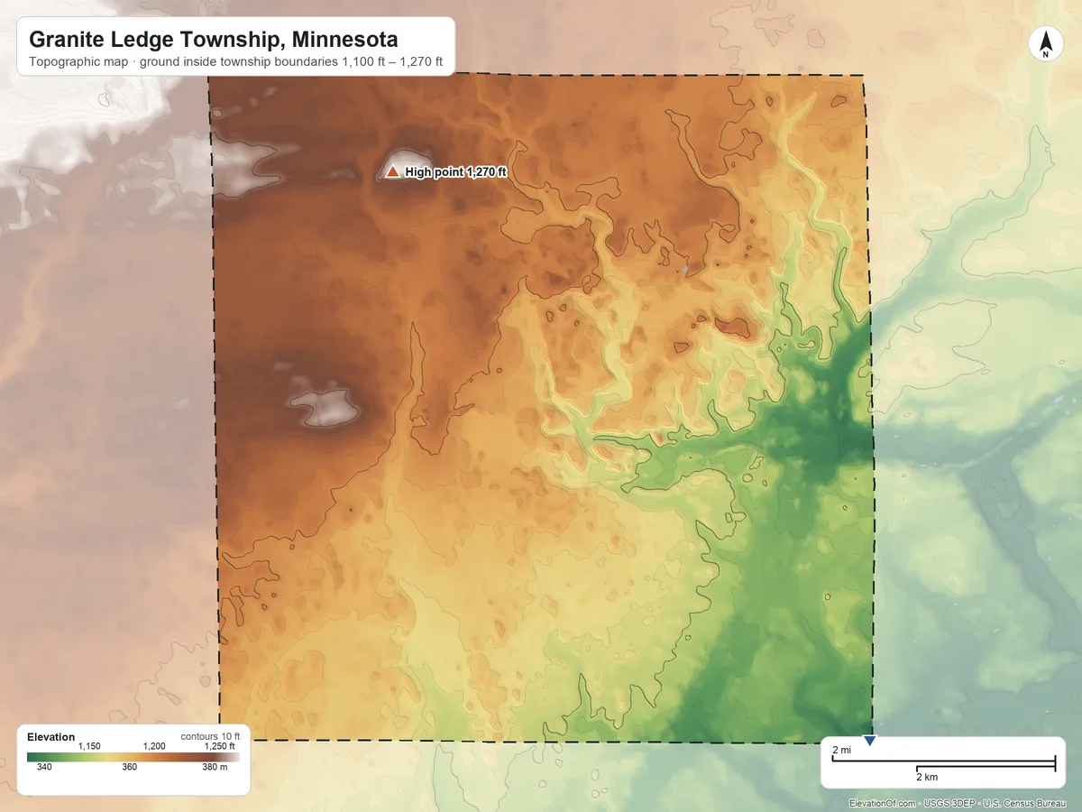 Topographic elevation map of Granite Ledge Township, Minnesota, shaded from 1,100 ft on the southeast side to 1,270 ft on the northwest side