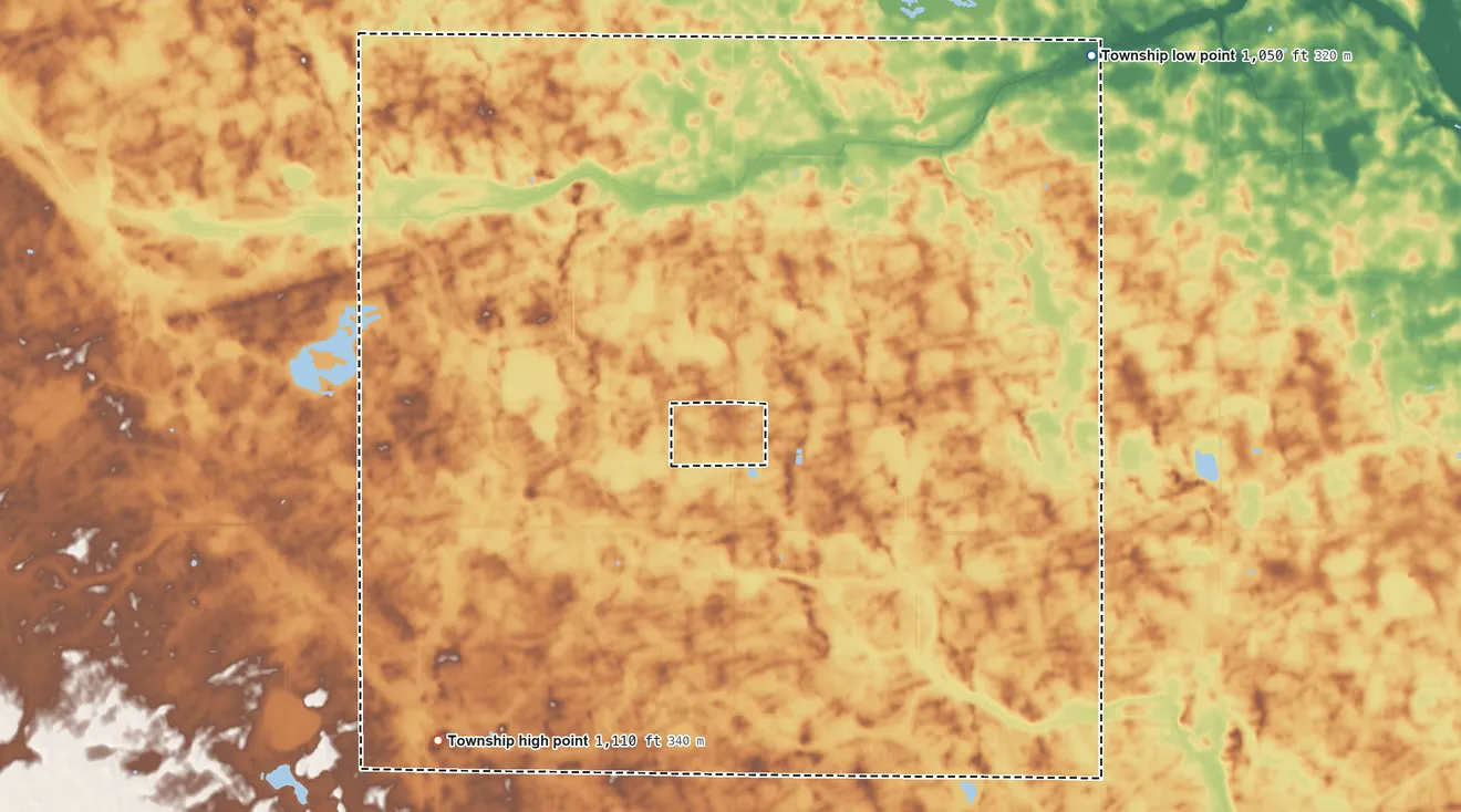 Topographic elevation map of Granite Rock Township, Minnesota, shaded from 1,050 ft on the northeast side to 1,110 ft on the southwest side
