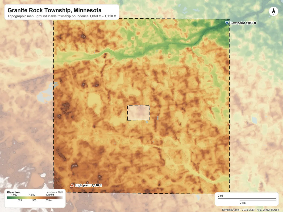 Topographic elevation map of Granite Rock Township, Minnesota, shaded from 1,050 ft on the northeast side to 1,110 ft on the southwest side