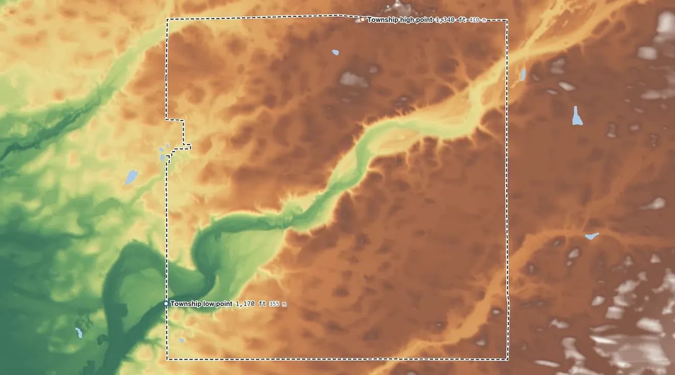 Topographic elevation map of Granite Township, Minnesota, shaded from 1,170 ft on the southwest side to 1,340 ft on the north side