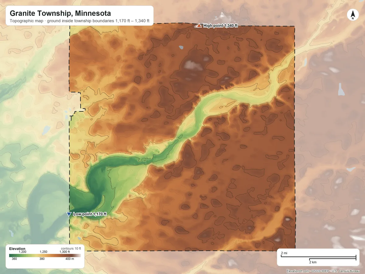 Topographic elevation map of Granite Township, Minnesota, shaded from 1,170 ft on the southwest side to 1,340 ft on the north side