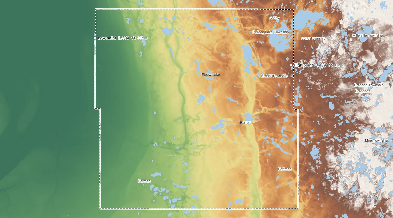 Topographic elevation map of Grant County, Minnesota, shaded from 1,000 ft on the northwest side to 1,400 ft on the northeast side
