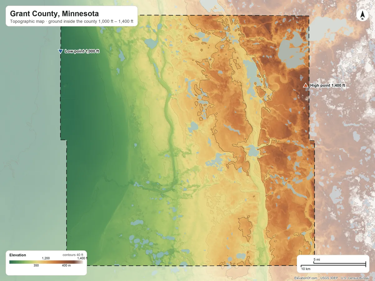 Topographic elevation map of Grant County, Minnesota, shaded from 1,000 ft on the northwest side to 1,400 ft on the northeast side