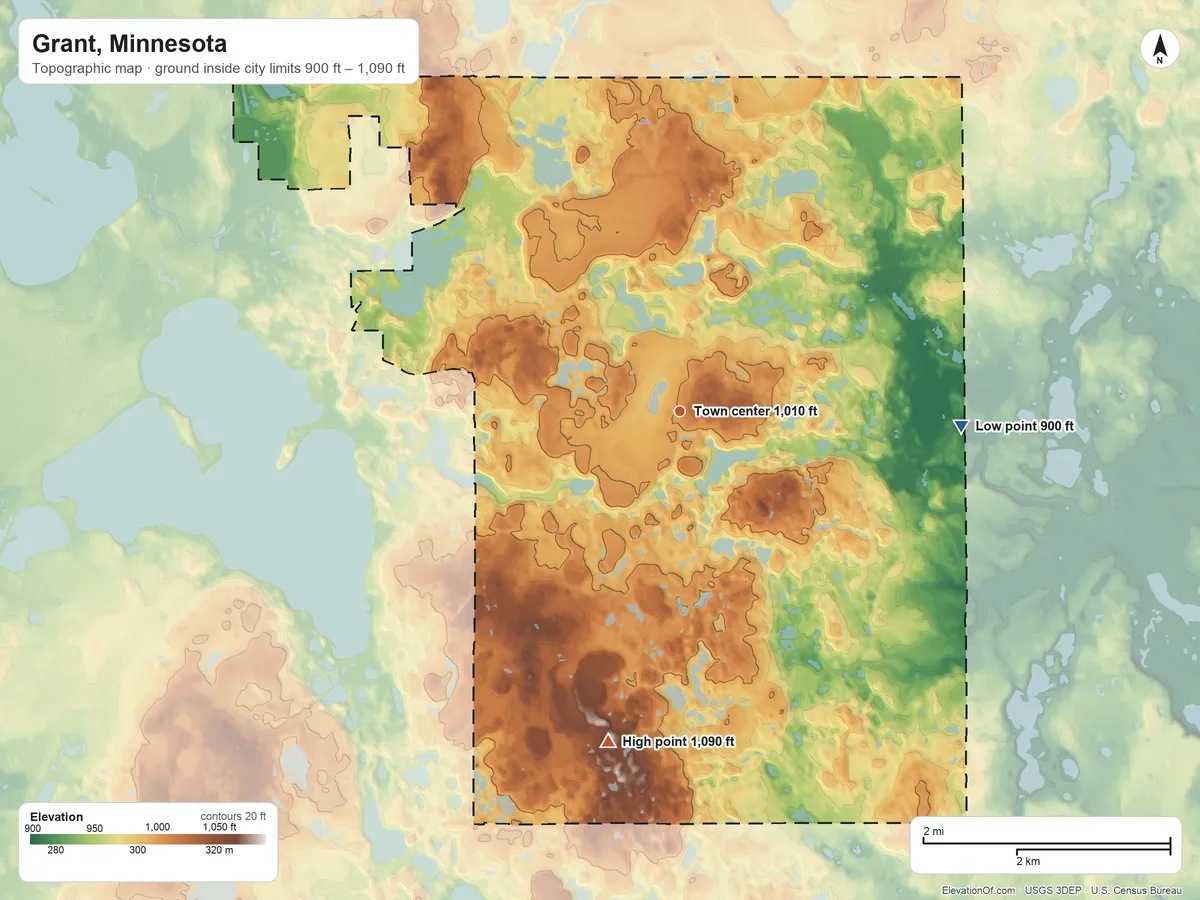 Topographic elevation map of Grant, Minnesota, shaded from 900 ft on the east side to 1,090 ft on the south side