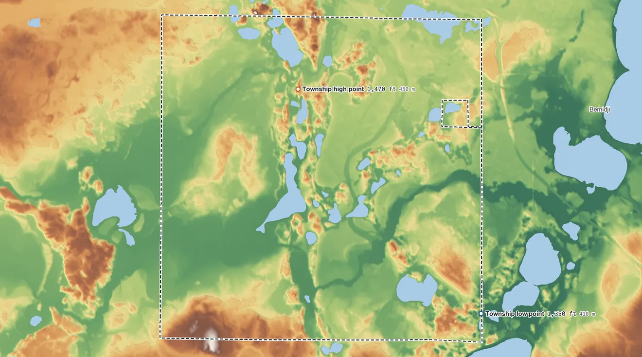 Topographic elevation map of Grant Valley Township, Minnesota, shaded from 1,350 ft on the southeast side to 1,470 ft on the west side