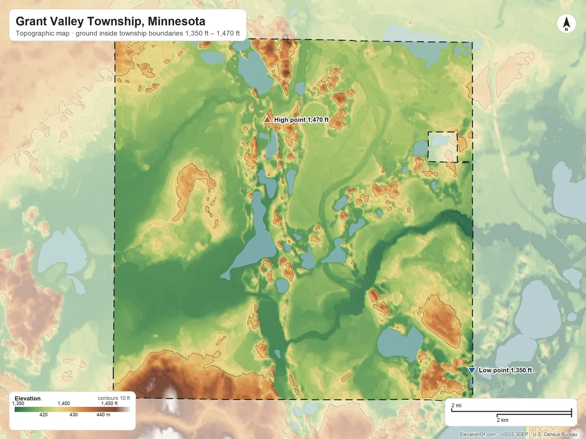 Topographic elevation map of Grant Valley Township, Minnesota, shaded from 1,350 ft on the southeast side to 1,470 ft on the west side