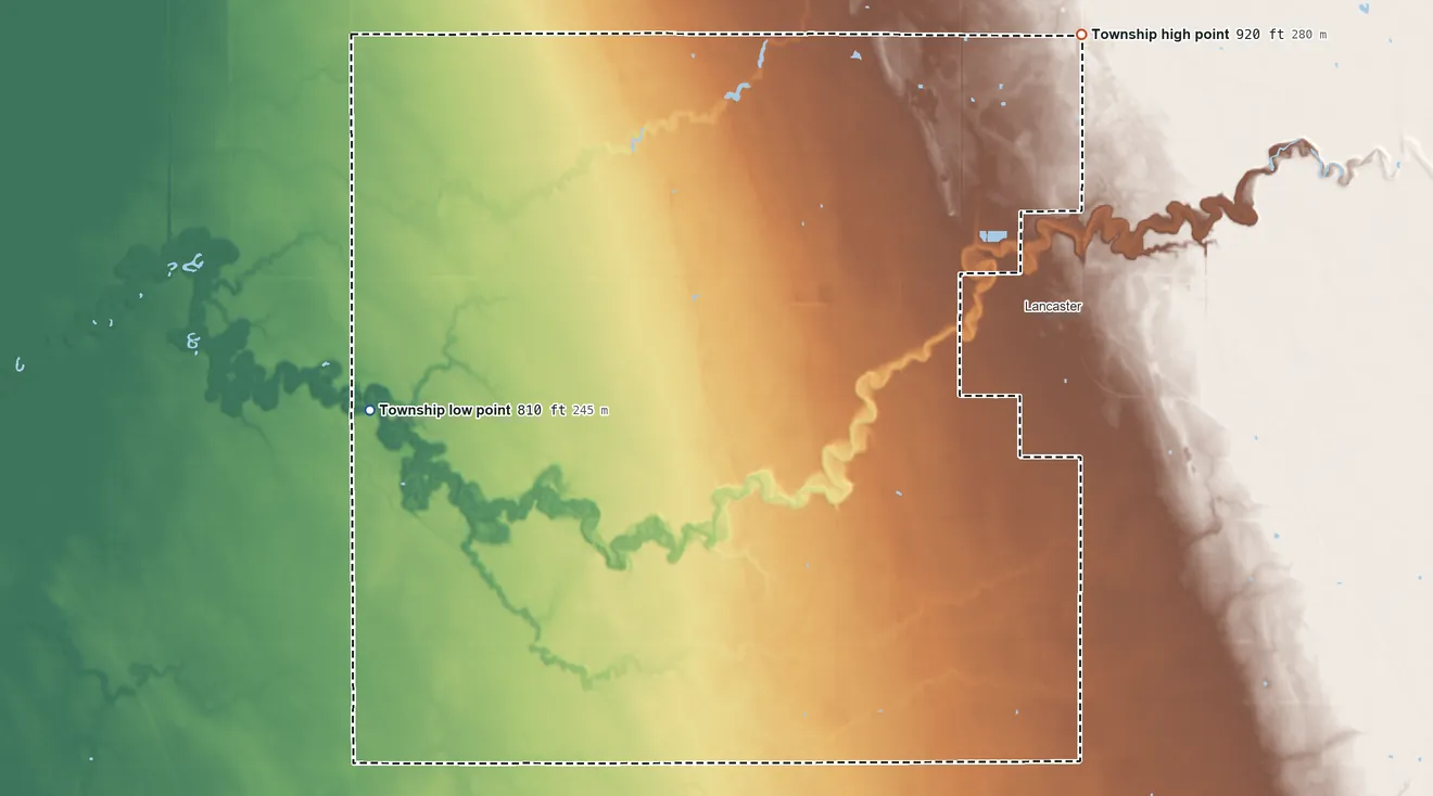 Topographic elevation map of Granville Township, Minnesota, shaded from 810 ft on the west side to 920 ft on the northeast side