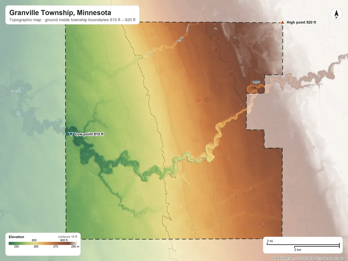 Topographic elevation map of Granville Township, Minnesota, shaded from 810 ft on the west side to 920 ft on the northeast side