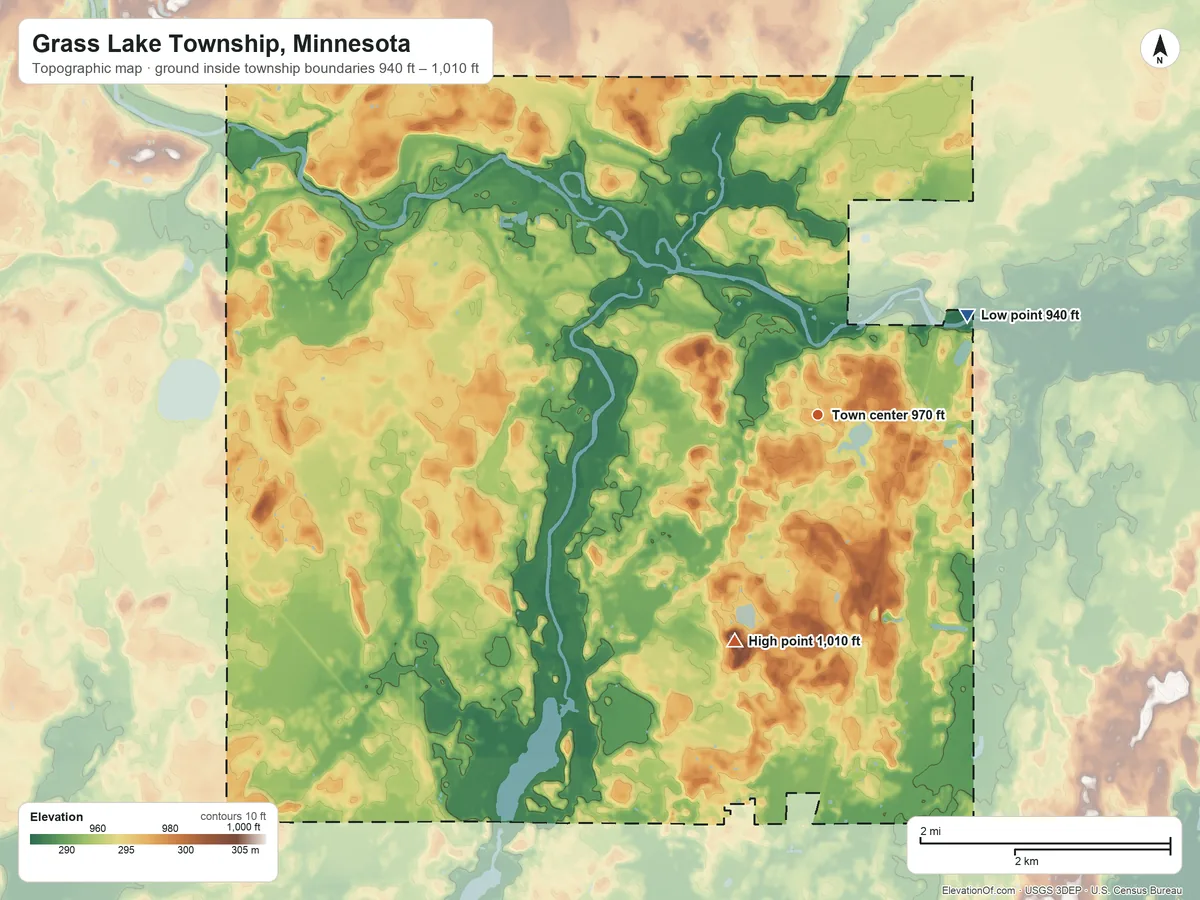 Topographic elevation map of Grass Lake Township, Minnesota, shaded from 940 ft on the northeast side to 1,010 ft on the south side