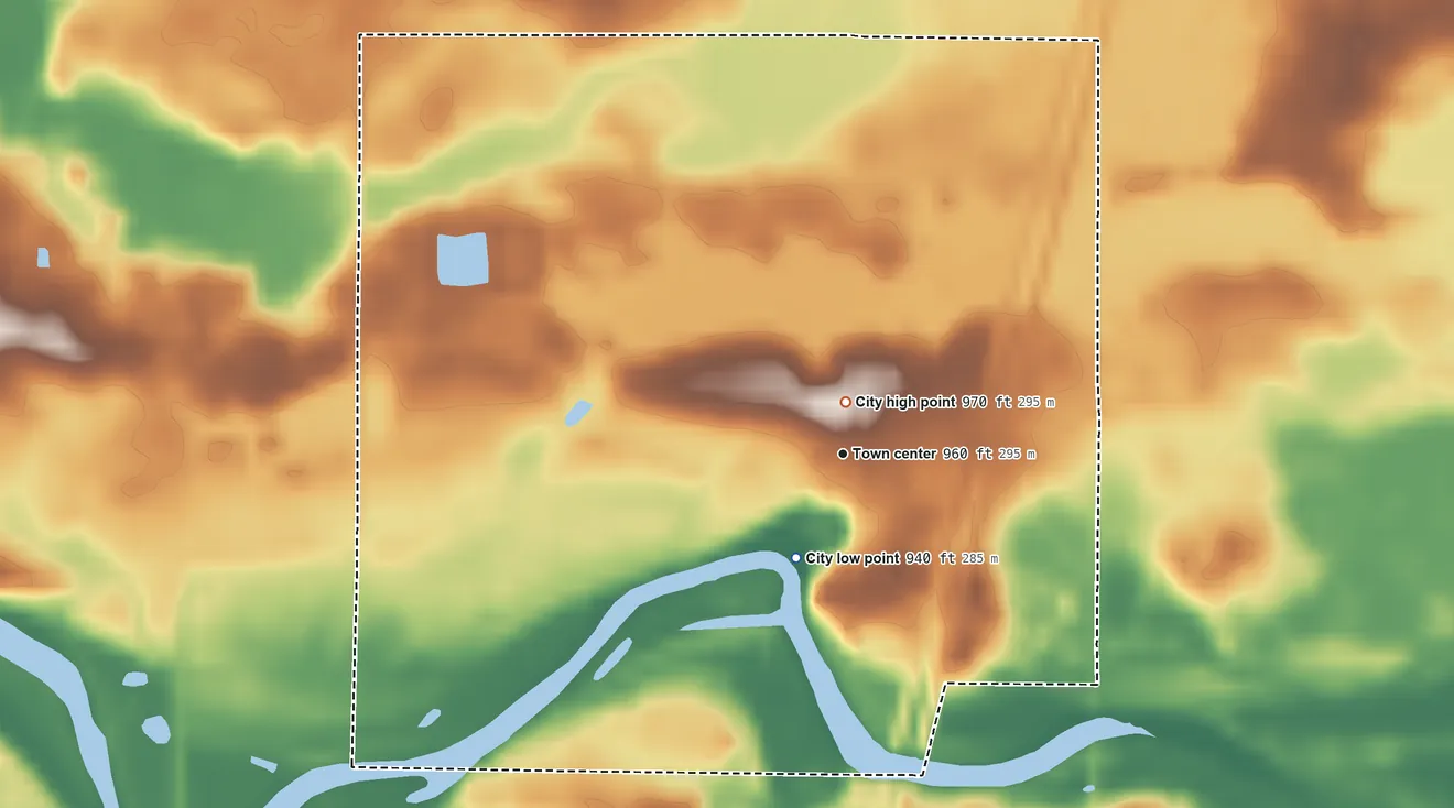 Topographic elevation map of Grasston, Minnesota, shaded from 940 ft on the southwest side to 970 ft near the middle