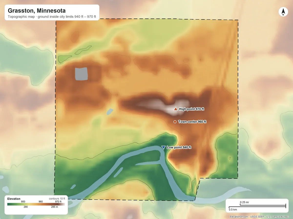 Topographic elevation map of Grasston, Minnesota, shaded from 940 ft on the southwest side to 970 ft near the middle