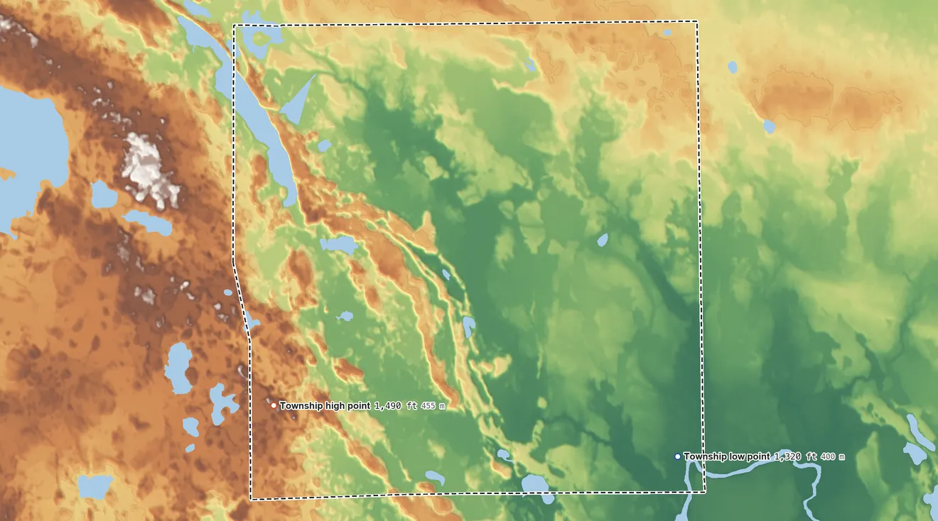 Topographic elevation map of Grattan Township, Minnesota, shaded from 1,320 ft on the southeast side to 1,490 ft on the southwest side