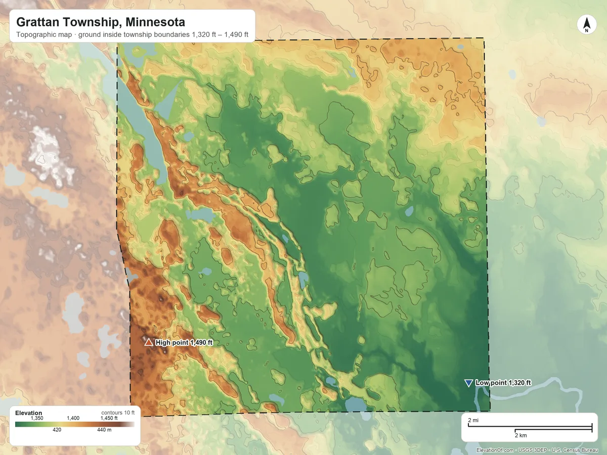 Topographic elevation map of Grattan Township, Minnesota, shaded from 1,320 ft on the southeast side to 1,490 ft on the southwest side