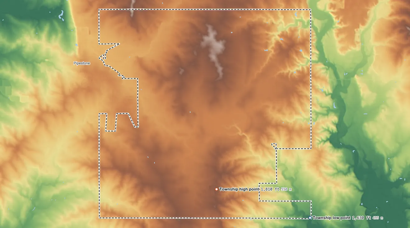 Topographic elevation map of Gray Township, Minnesota, shaded from 1,630 ft on the southeast side to 1,810 ft on the south side
