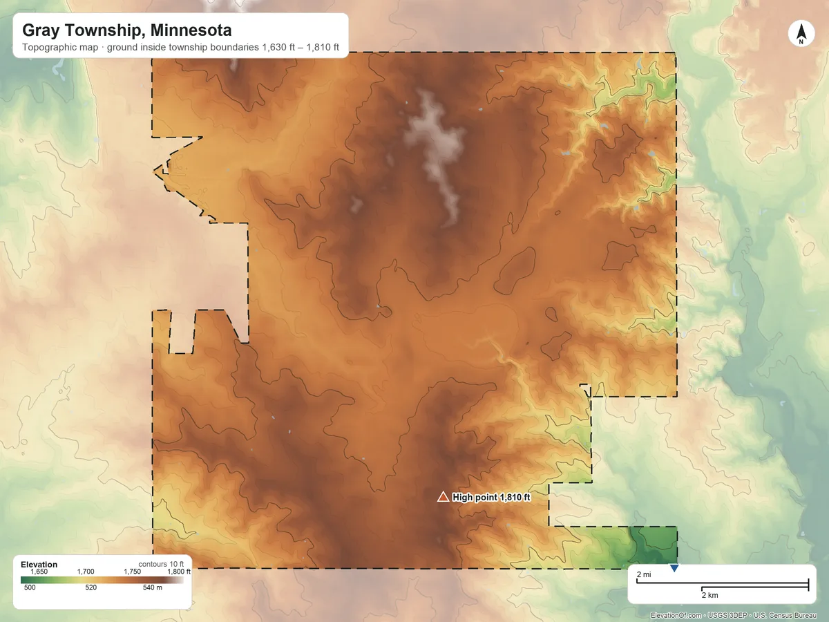Topographic elevation map of Gray Township, Minnesota, shaded from 1,630 ft on the southeast side to 1,810 ft on the south side