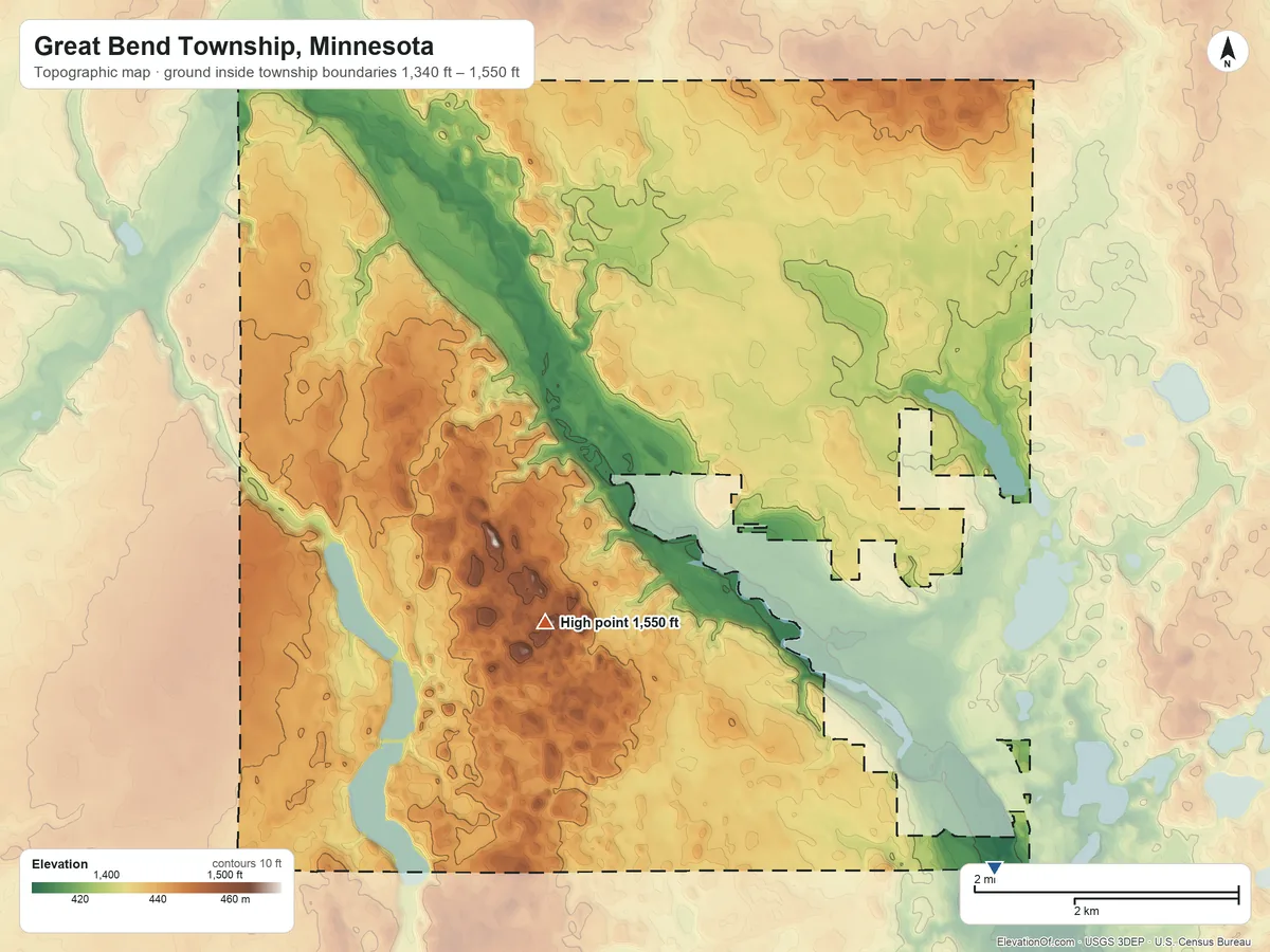 Topographic elevation map of Great Bend Township, Minnesota, shaded from 1,340 ft on the southeast side to 1,550 ft on the southwest side