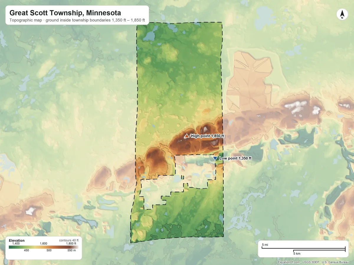 Topographic elevation map of Great Scott Township, Minnesota, shaded from 1,350 ft on the northeast side to 1,850 ft on the north side