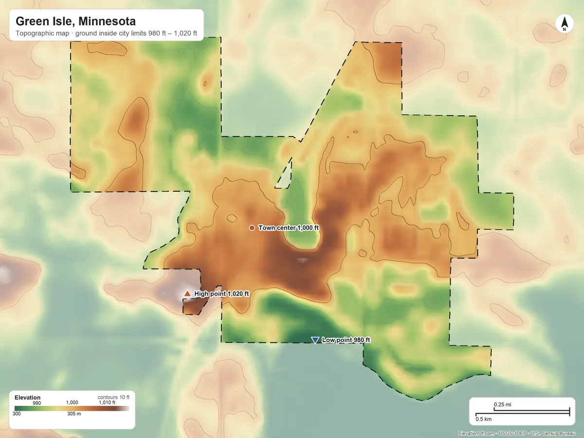 Topographic elevation map of Green Isle, Minnesota, shaded from 980 ft on the southeast side to 1,020 ft on the southwest side