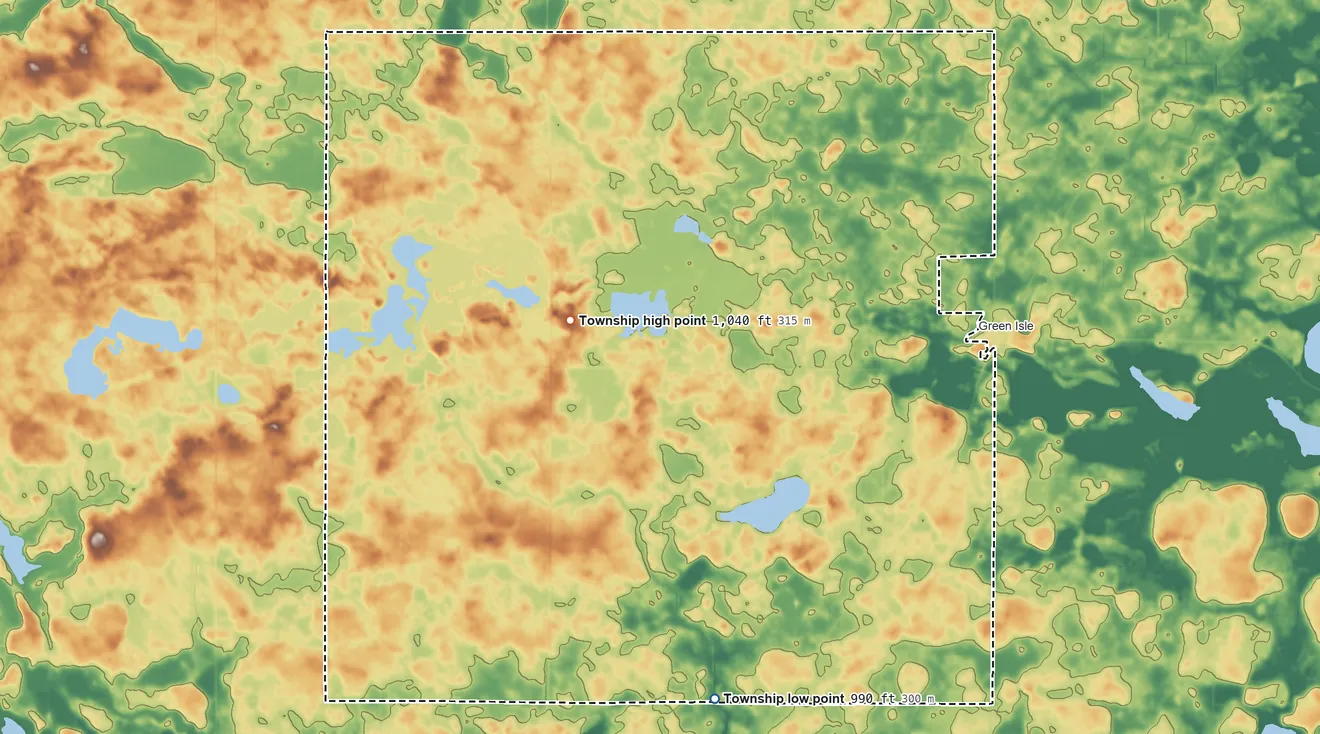 Topographic elevation map of Green Isle Township, Minnesota, shaded from 990 ft on the south side to 1,040 ft on the north side
