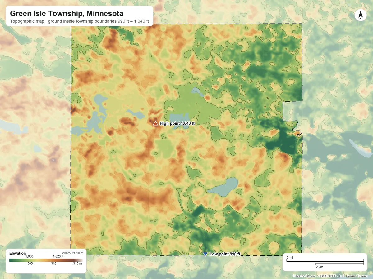 Topographic elevation map of Green Isle Township, Minnesota, shaded from 990 ft on the south side to 1,040 ft on the north side