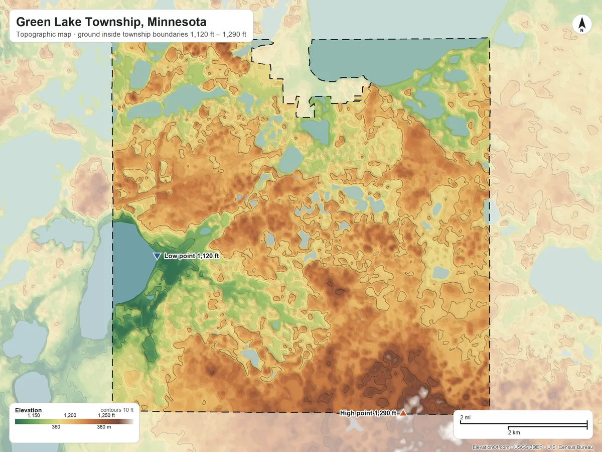 Topographic elevation map of Green Lake Township, Minnesota, shaded from 1,120 ft on the southwest side to 1,290 ft on the southeast side