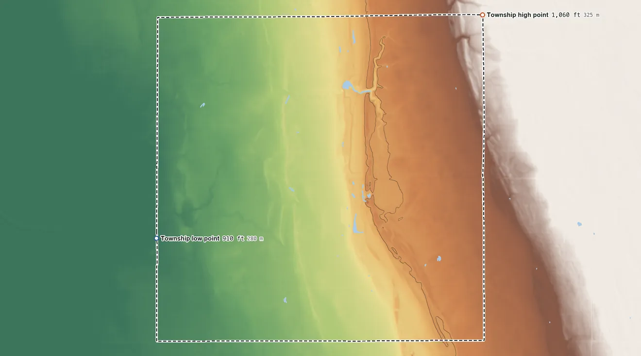 Topographic elevation map of Green Meadow Township, Minnesota, shaded from 910 ft on the west side to 1,060 ft on the northeast side