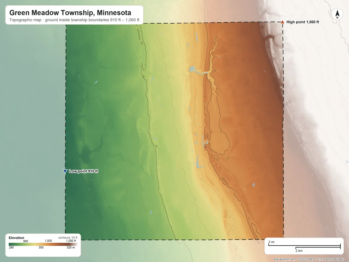 Topographic elevation map of Green Meadow Township, Minnesota, shaded from 910 ft on the west side to 1,060 ft on the northeast side