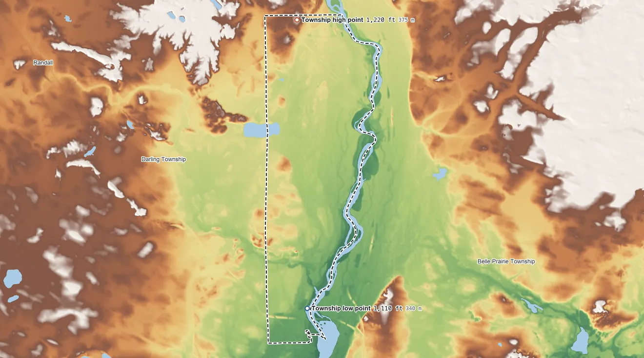 Topographic elevation map of Green Prairie Township, Minnesota, shaded from 1,110 ft on the south side to 1,220 ft on the north side