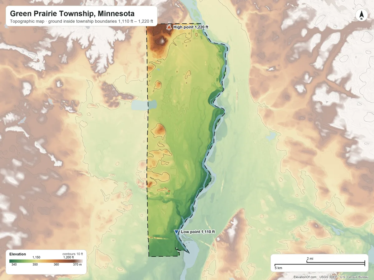 Topographic elevation map of Green Prairie Township, Minnesota, shaded from 1,110 ft on the south side to 1,220 ft on the north side