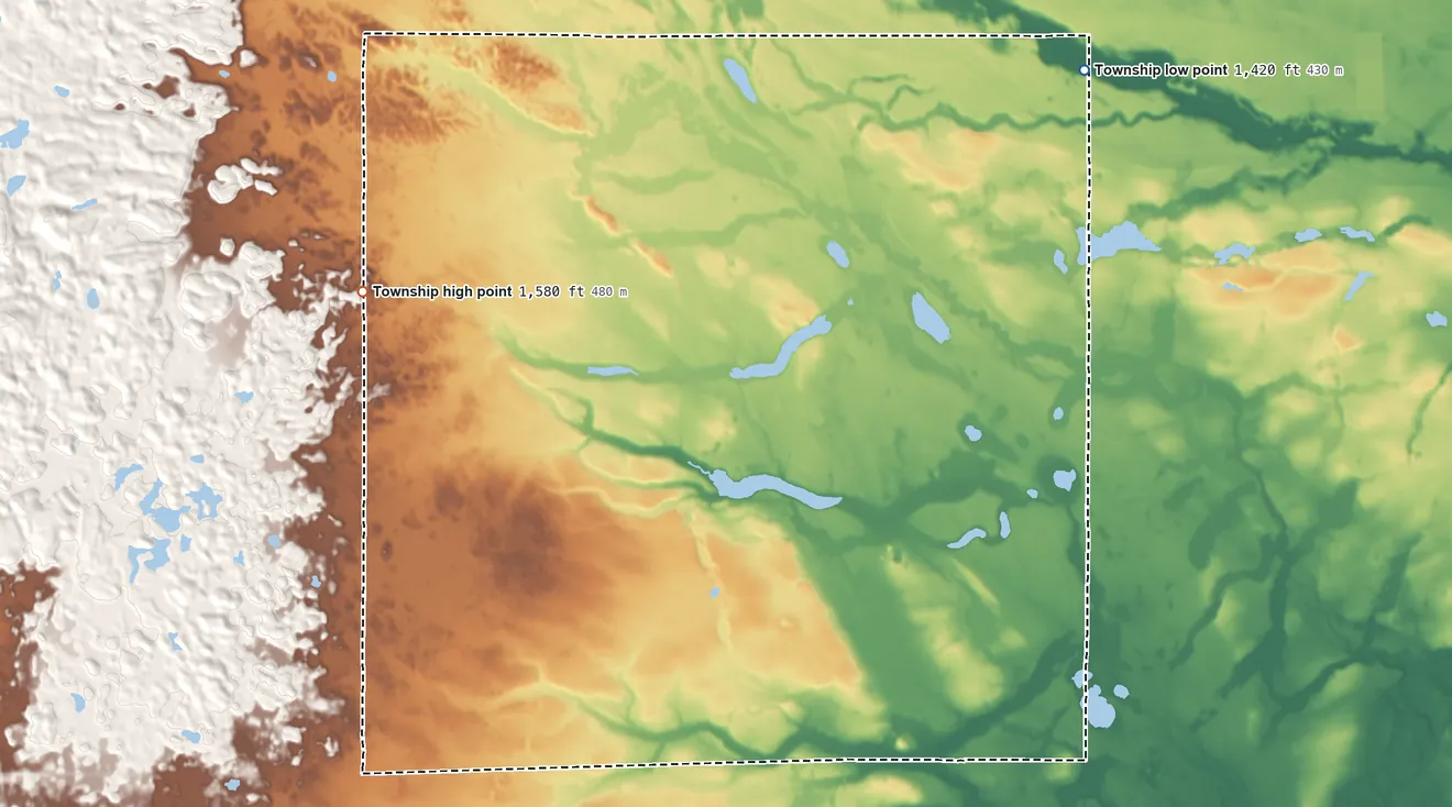 Topographic elevation map of Green Valley Township, Minnesota, shaded from 1,420 ft on the northeast side to 1,580 ft on the west side