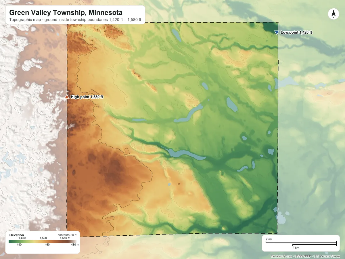 Topographic elevation map of Green Valley Township, Minnesota, shaded from 1,420 ft on the northeast side to 1,580 ft on the west side