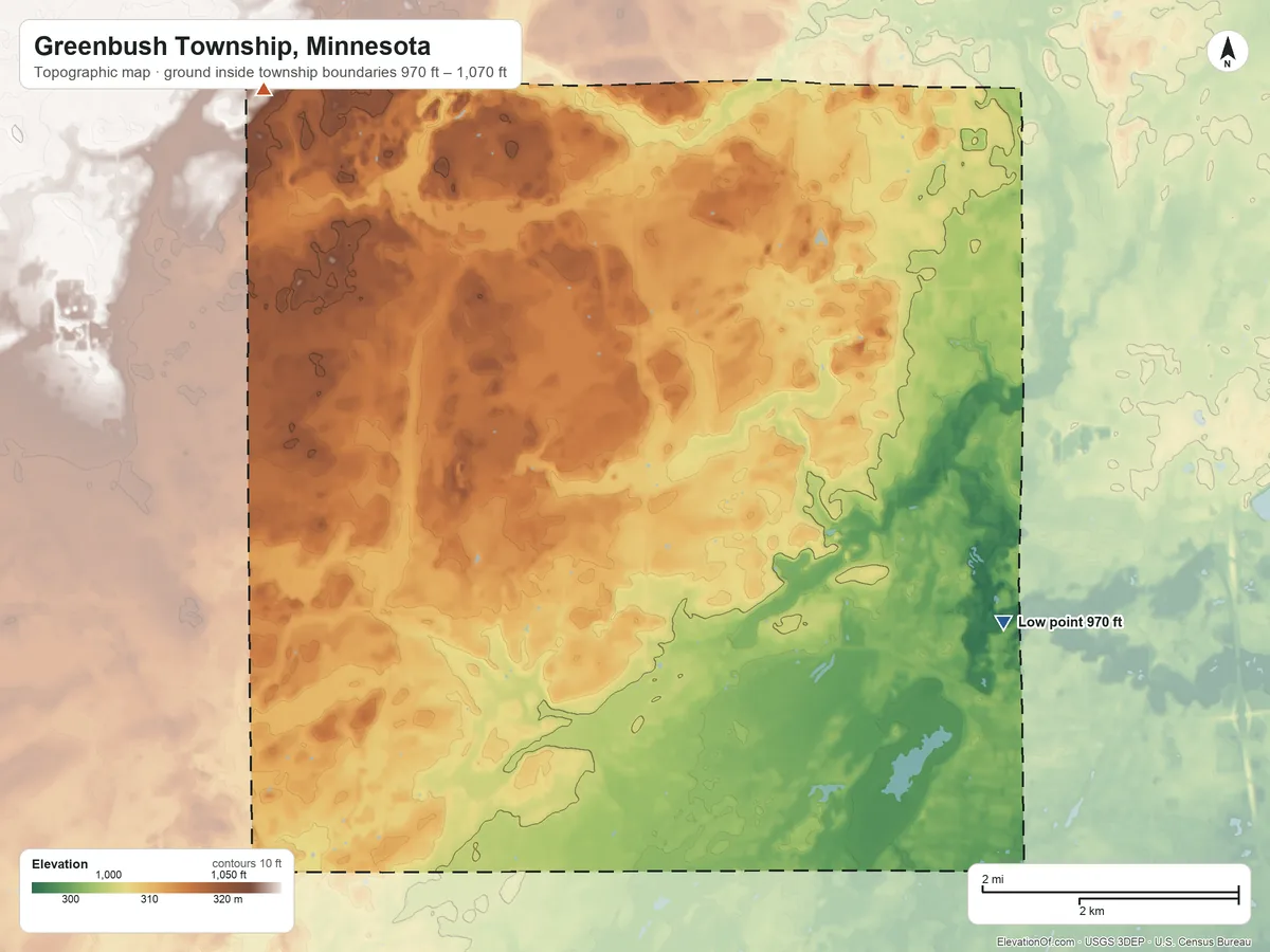 Topographic elevation map of Greenbush Township, Minnesota, shaded from 970 ft on the southeast side to 1,070 ft on the northwest side