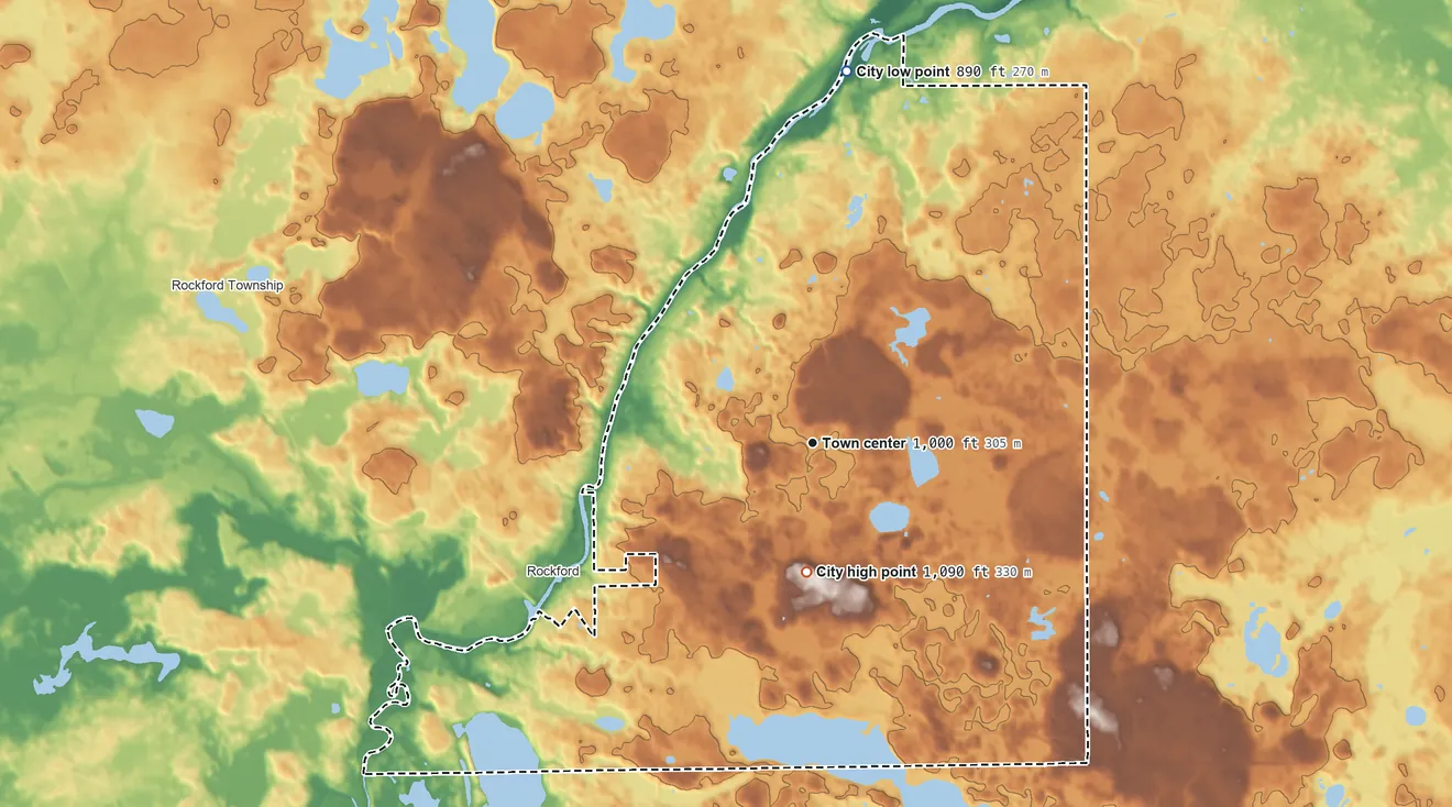 Topographic elevation map of Greenfield, Minnesota, shaded from 890 ft on the north side to 1,090 ft on the south side