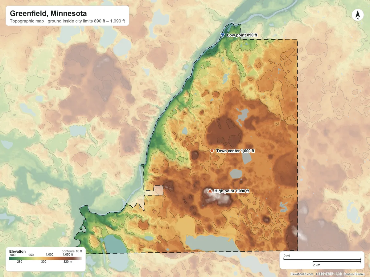 Topographic elevation map of Greenfield, Minnesota, shaded from 890 ft on the north side to 1,090 ft on the south side