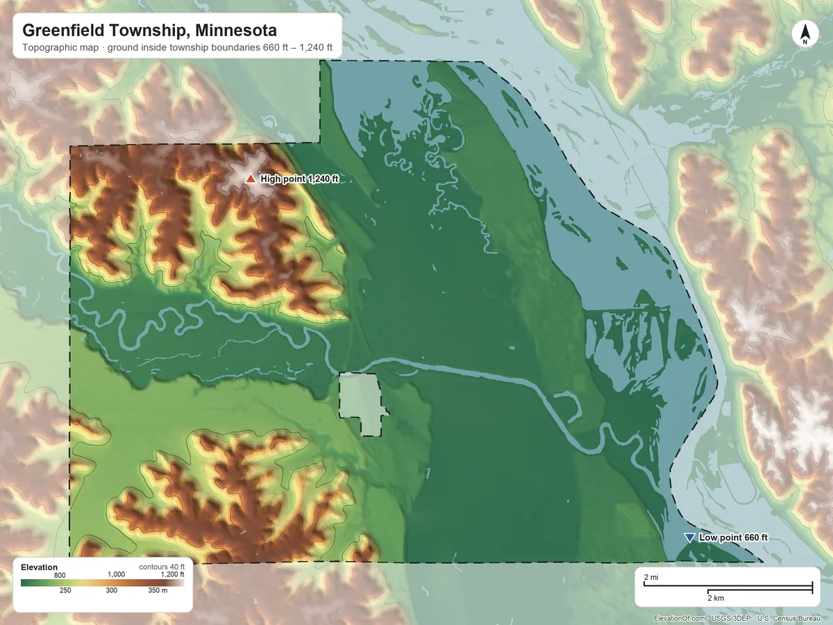 Topographic elevation map of Greenfield Township, Minnesota, shaded from 660 ft on the southeast side to 1,240 ft on Greenfield Hill